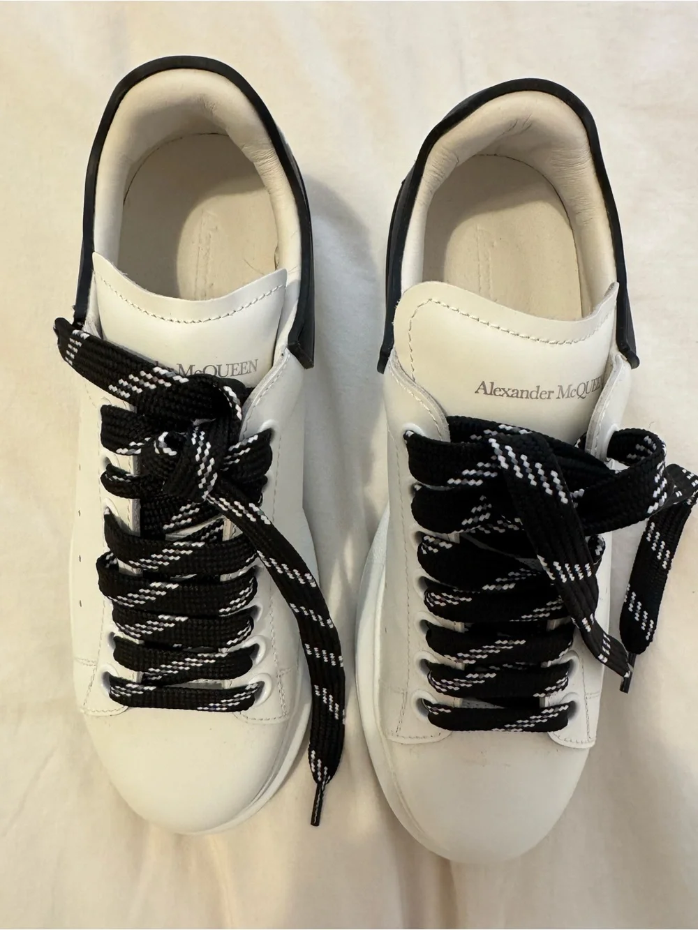 Alexander McQueen White Leather Sneakers with Black Accent and Patterned Laces